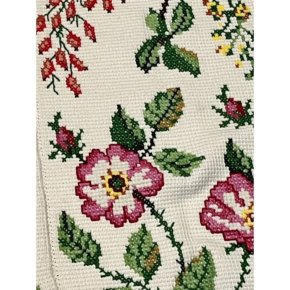 Handmade Floral Blanket Crochet Needlepoint Cross Stitch Afghan‎ Cottagecore 70s